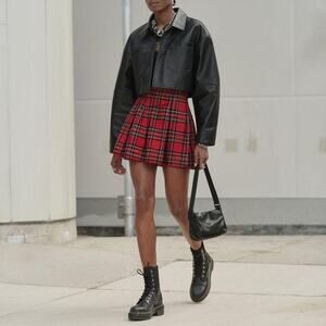 H&M Red Tartan Plaid Pleated Mini Skirt